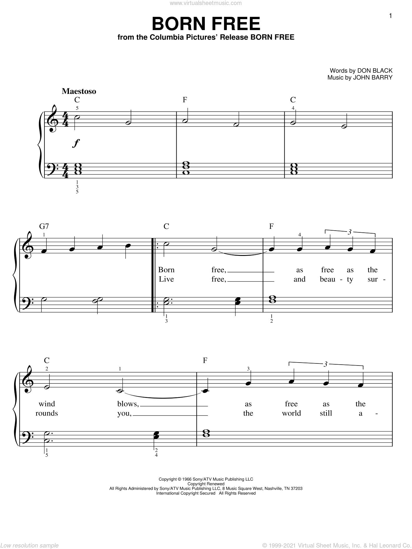 Barry Born Free easy Sheet Music For Piano Solo PDF 