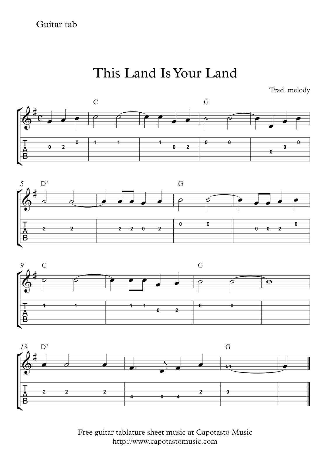 Free Easy Guitar Tablature Sheet Music This Land Is Your Land