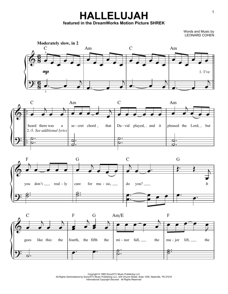 Free Printable Piano Sheet Music For Hallelujah By Leonard Cohen