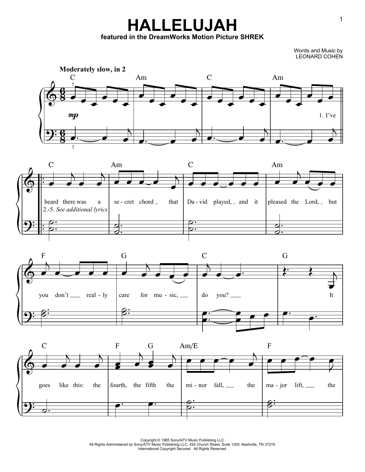 Free Printable Piano Sheet Music For Hallelujah By Leonard Cohen Rossy Printable