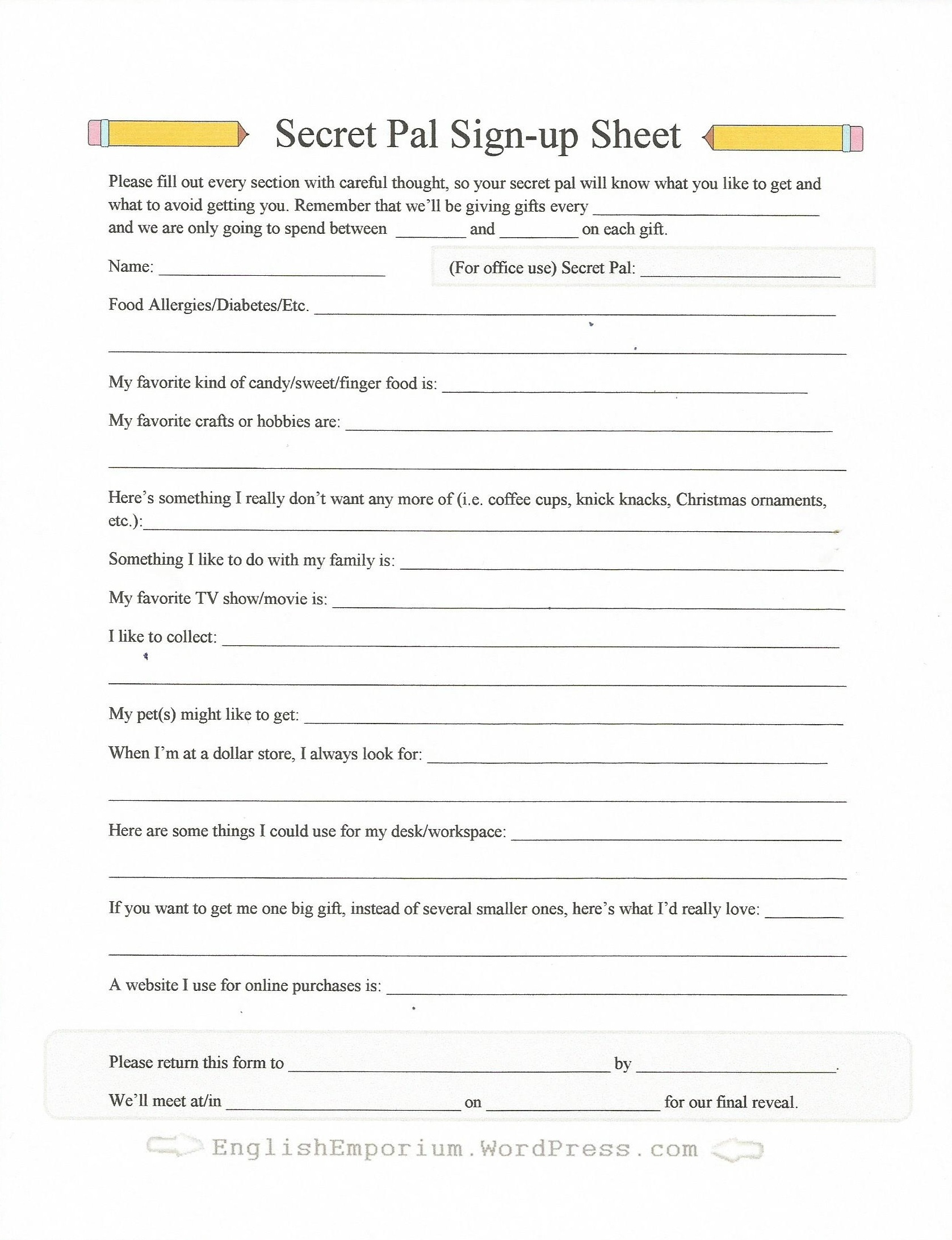 Free Printable Secret Pal Forms | Rossy Printable