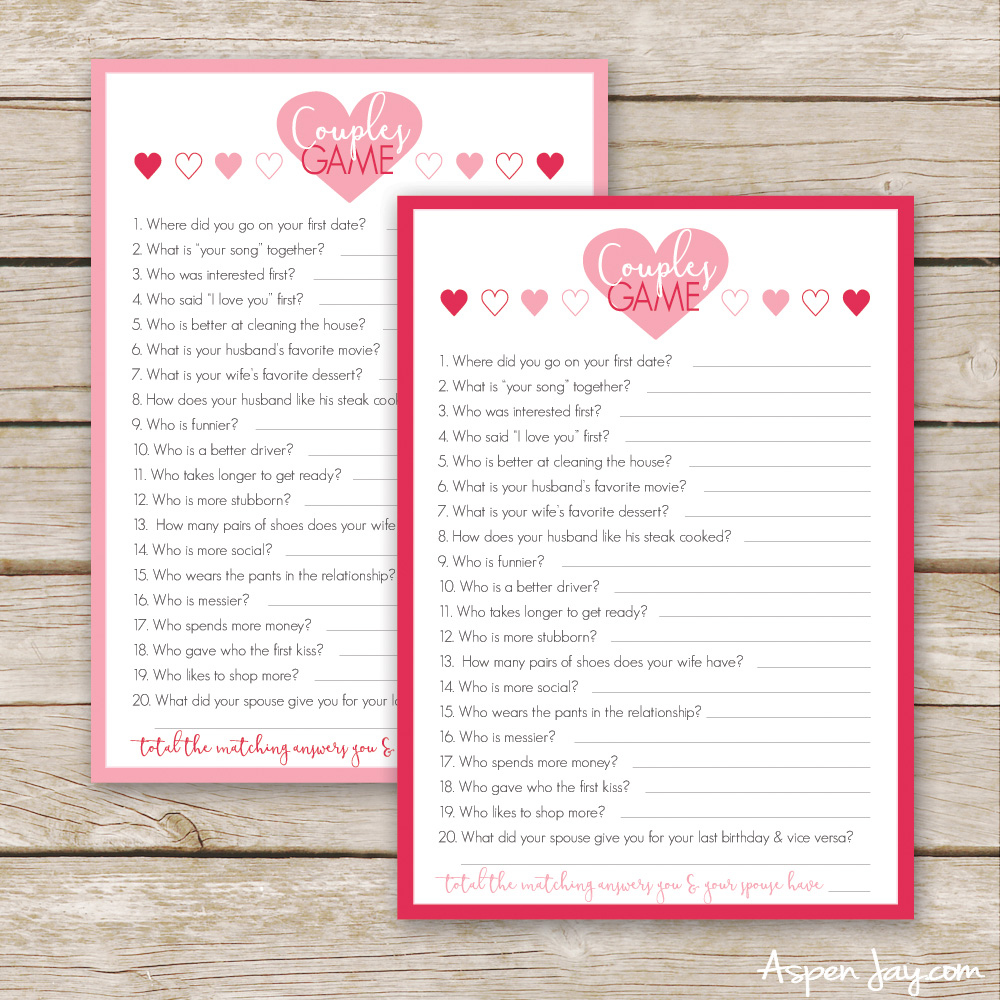 Free Valentines Couples Game Cards Aspen Jay