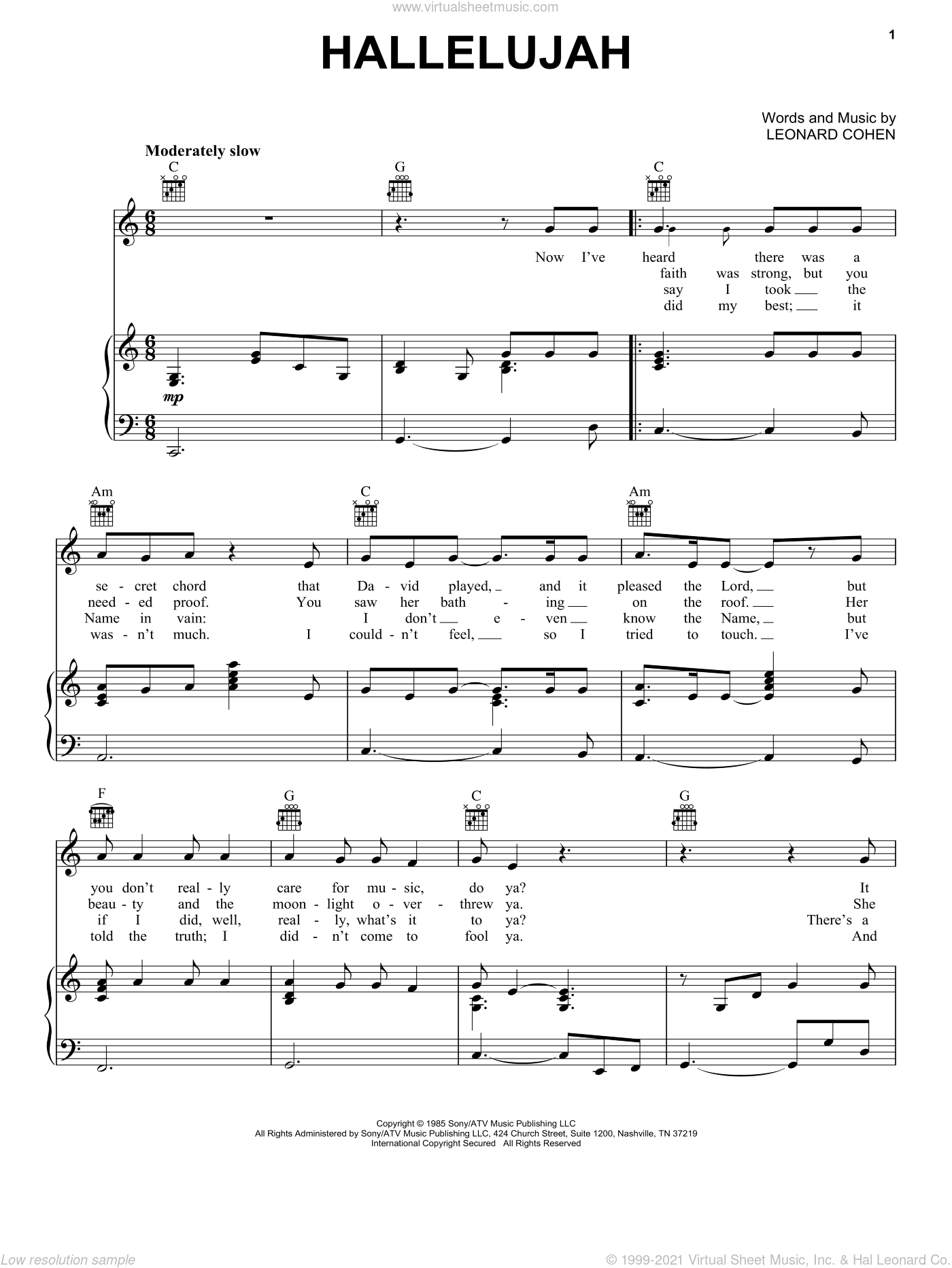 Free Printable Piano Sheet Music For Hallelujah By Leonard Cohen