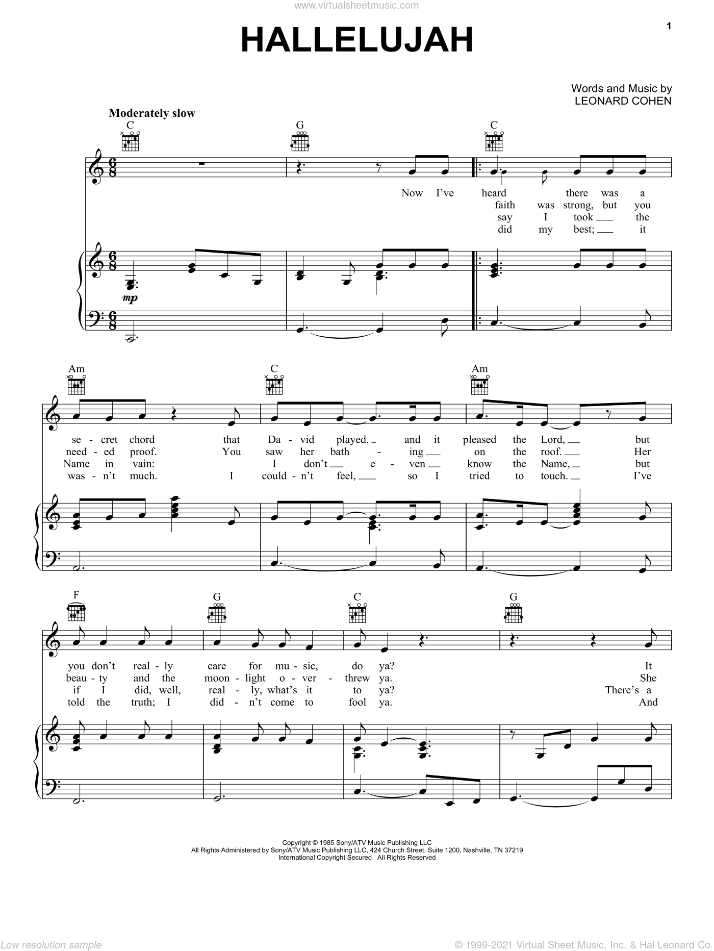 Free Printable Piano Sheet Music For Hallelujah By Leonard Cohen 