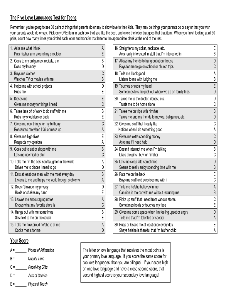 Love Language Test Fill Online Printable Fillable Blank PdfFiller