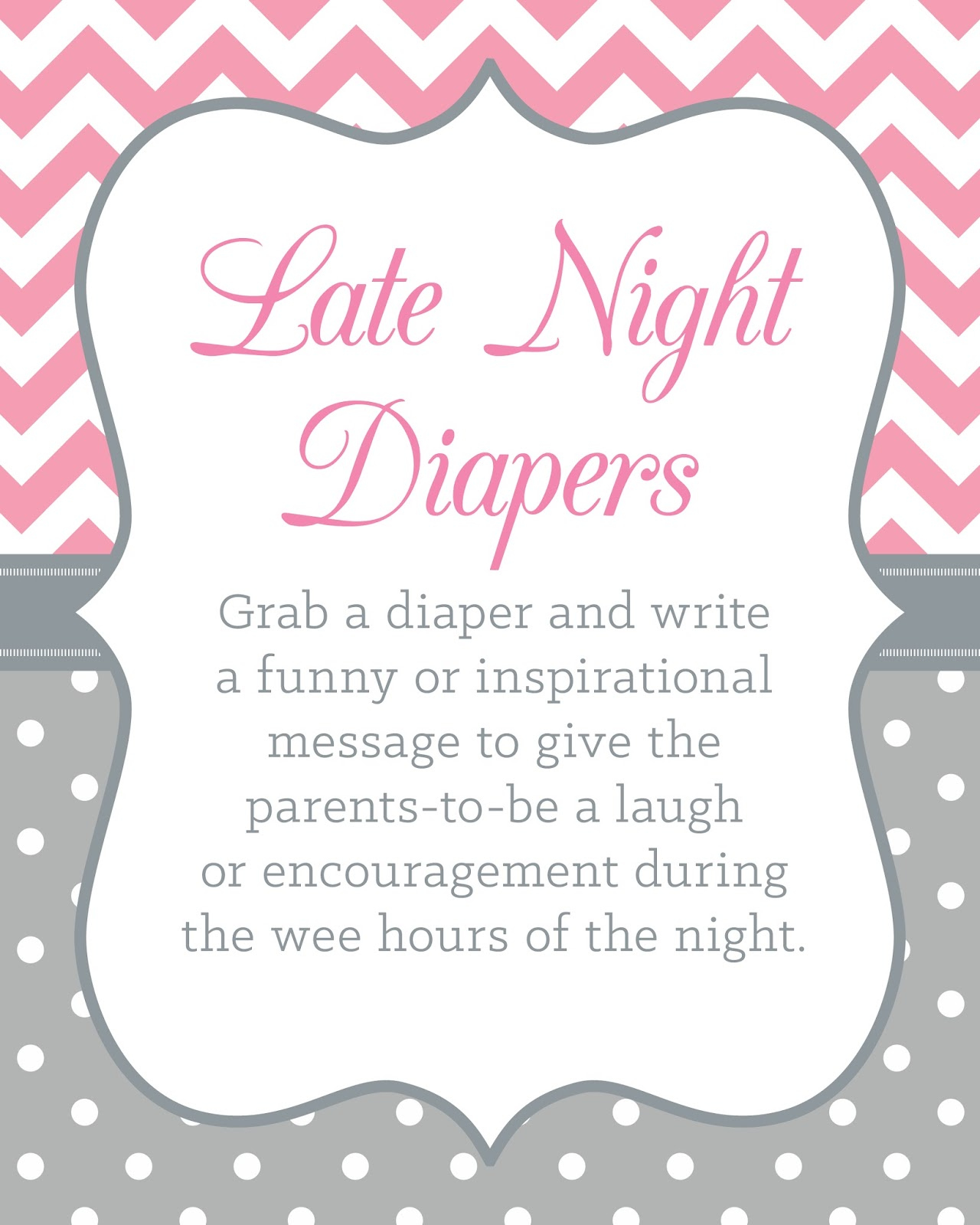 Printable 8x10 Late Night Diapers Baby Shower Sign In Pink And Gray 