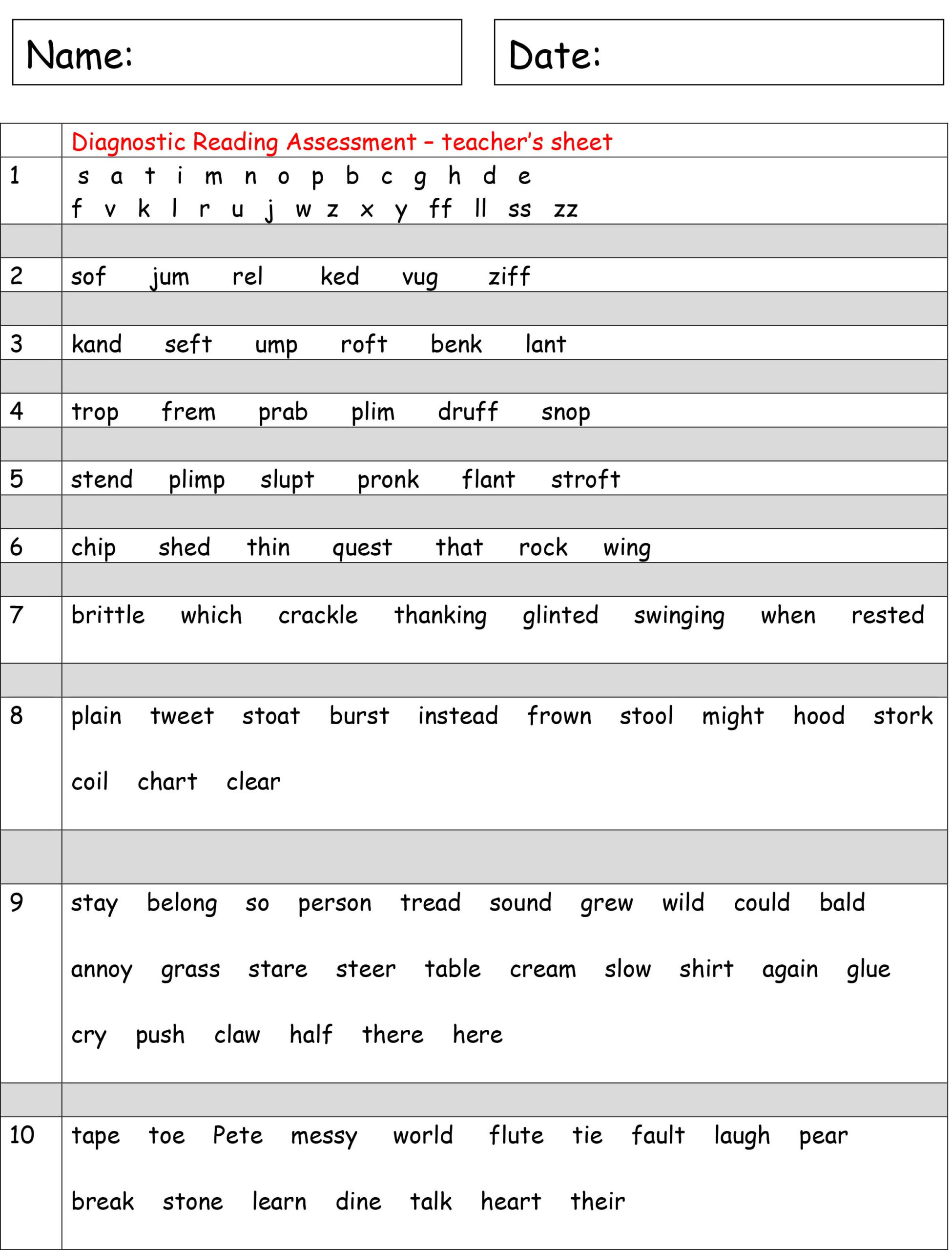 Soft Free Printable Reading Assessment Test Wade Website