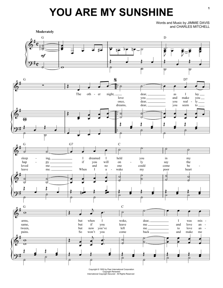 Free Printable Piano Sheet Music For You Are My Sunshine