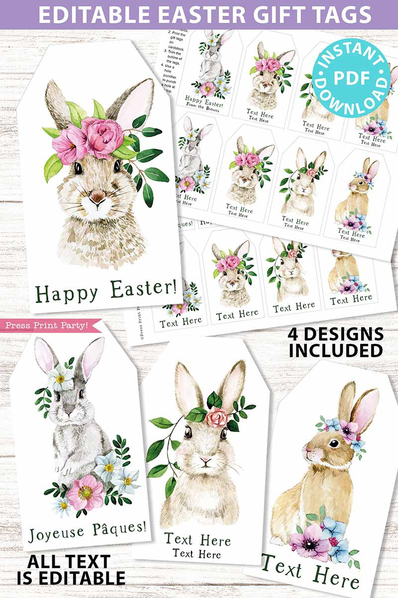 Easter Gift Tags Printable, Watercolor Bunnies - Press Print Party! inside Printable Easter Basket Tags