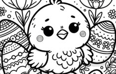 Fluffy Easter Chick With Easter Eggs And Flowers: Coloring Page pertaining to Easter Chick Coloring Pages Printable