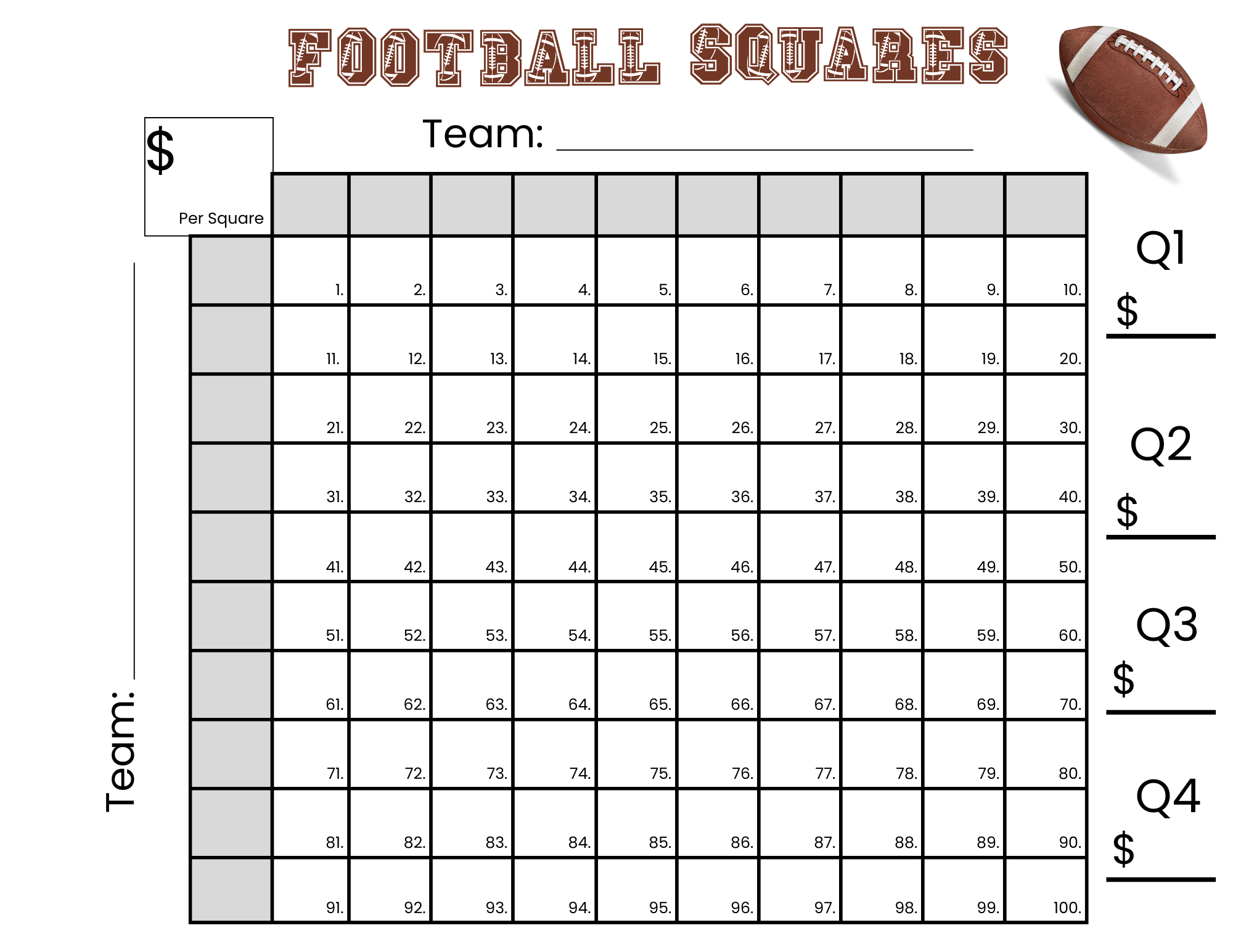 100 Football Squares Game Printable 10×10 Football Squares regarding Free Printable 100 Square Football Board