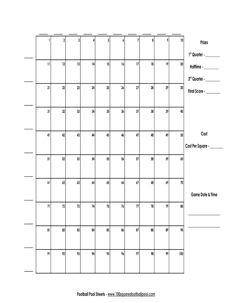 100 Squares Football Pool Sheets Form - Fill Online, Printable intended for Free Printable Nfl Weekly Schedule