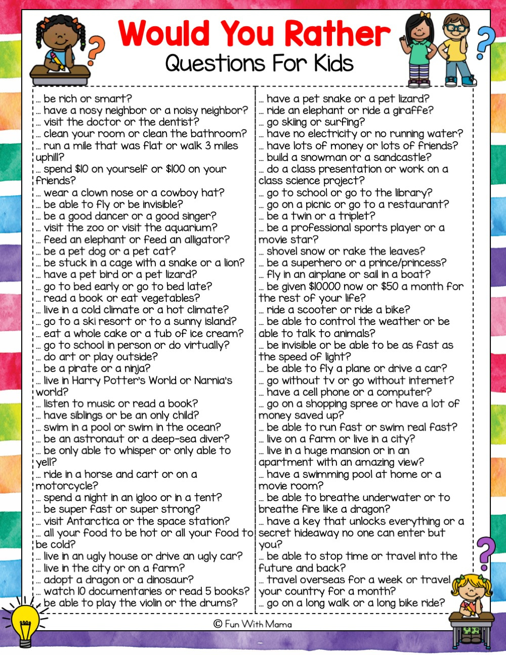 150 Would You Rather Questions For Kids + Free Printables! with Free Printable Table Top Quizzes