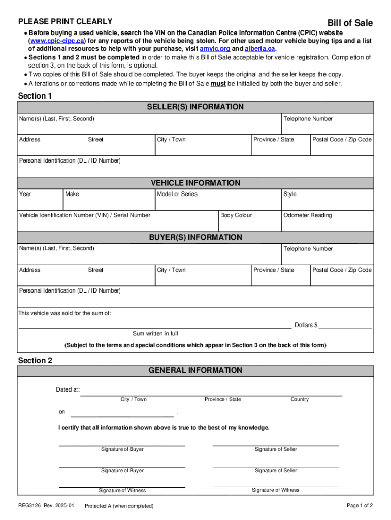 2025 Ca Alberta Form Reg3126 Fill Online, Printable, Fillable for Free Printable Bill of Sale Alberta