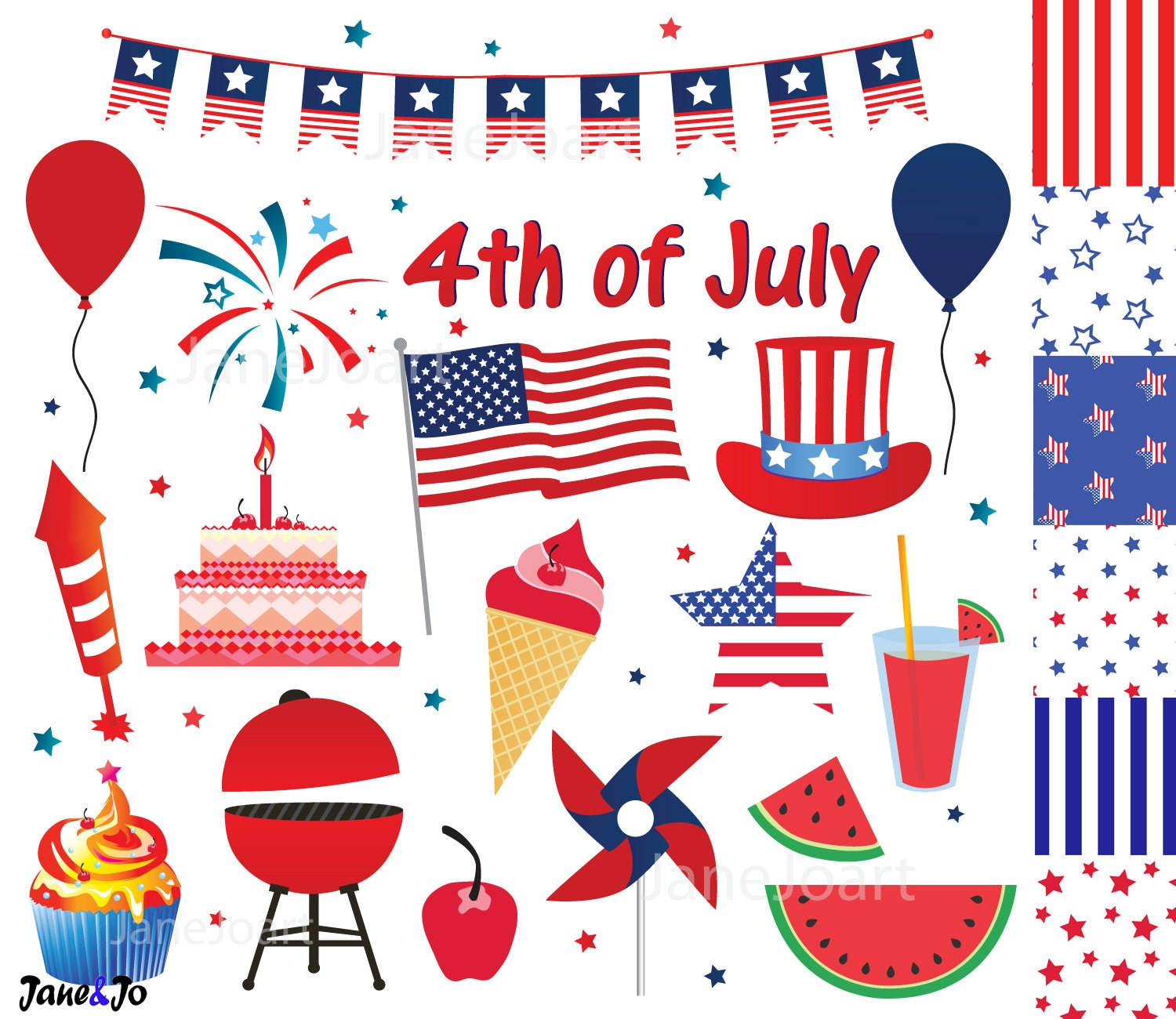 4Th Of July Clipart , Fourth Of July Clip Art , Independence Day + Free 6 Digital Papers Fireworks,Usa Flag, Blue White Red Instant Download in Free Printable 4Th Of July Clipart