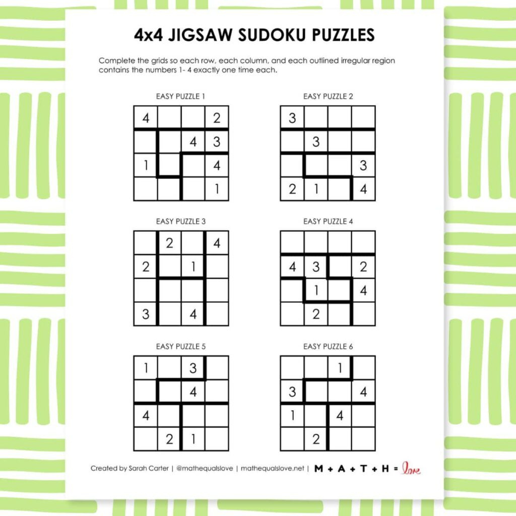 4X4 Jigsaw Sudoku Puzzles | Math = Love in Free Printable Jigsaw Sudoku