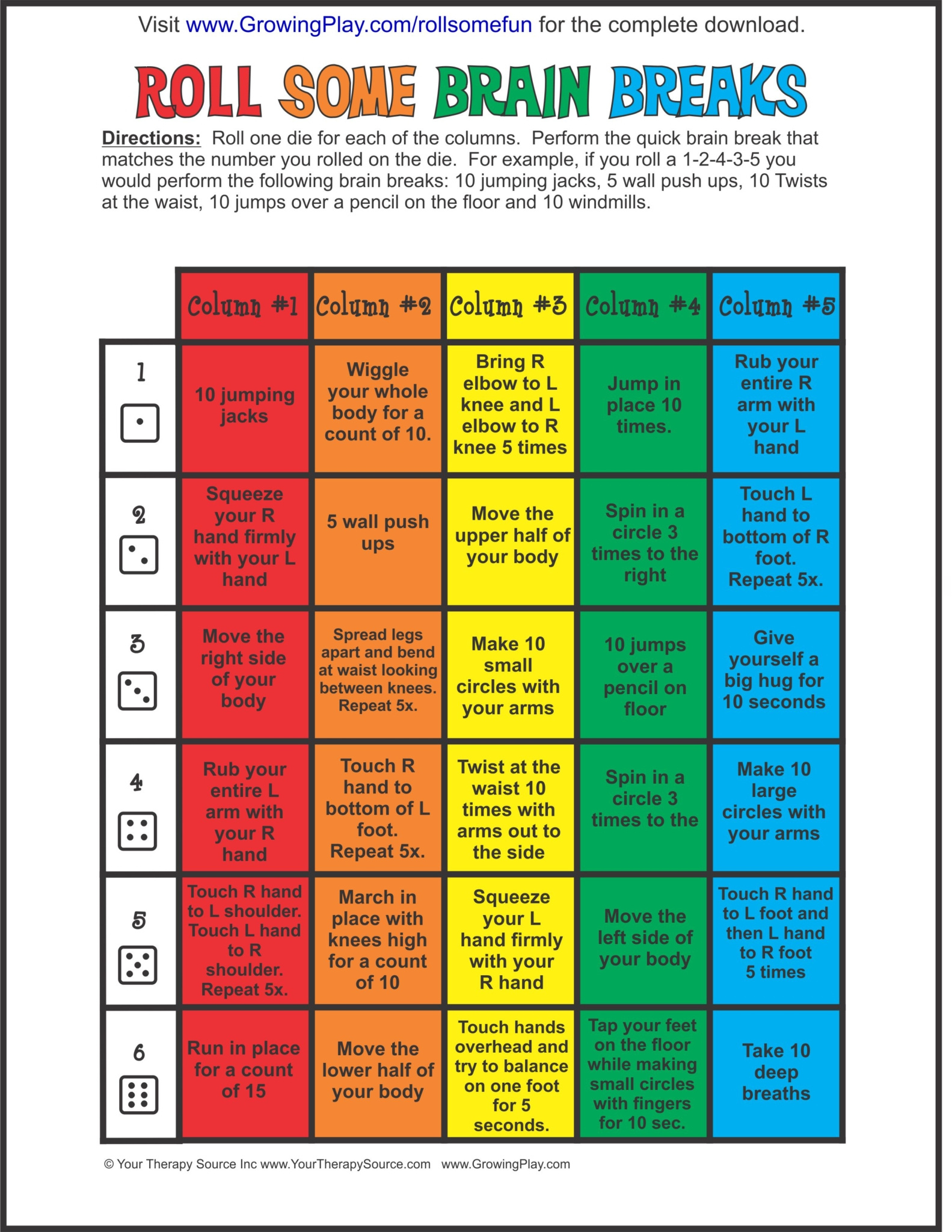 5 Free Brain Break Printables - Your Therapy Source with Free Brain Break Printables