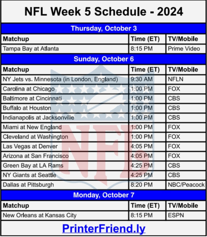 Free Printable NFL Weekly Schedule