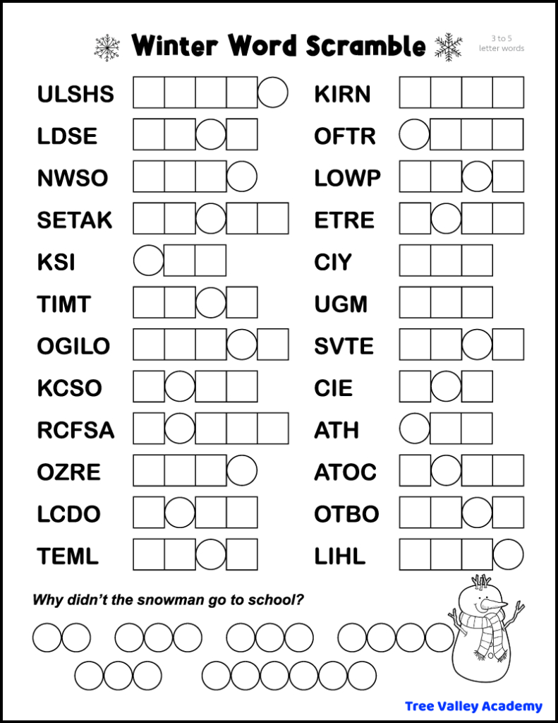 5 Printable Winter Word Scrambles - Tree Valley Academy for Free Printable Word Jumbles