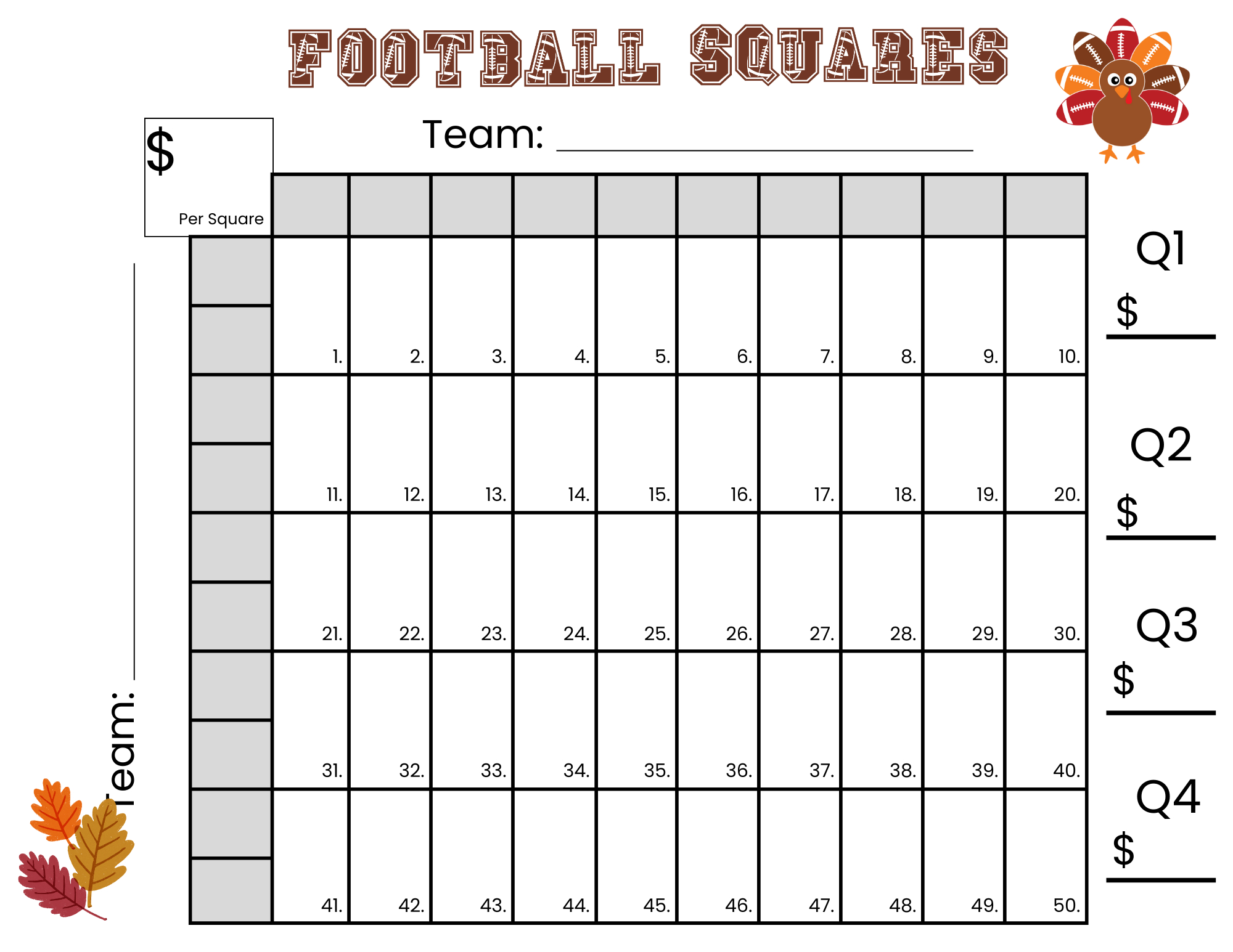50 Thanksgiving Football Squares Game Printable (Instant Download) within 50 Square Grid Free Printable