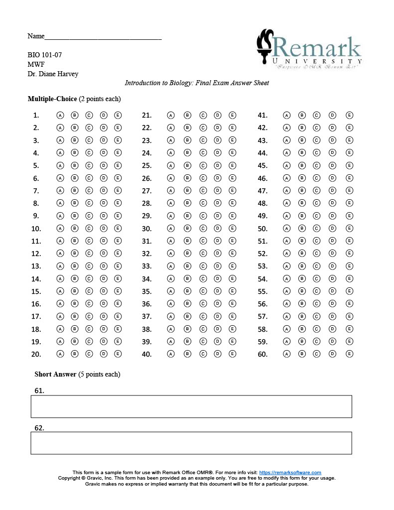 60 Question Test Answer Sheet · Remark Software for Free Printable Bubble Sheets