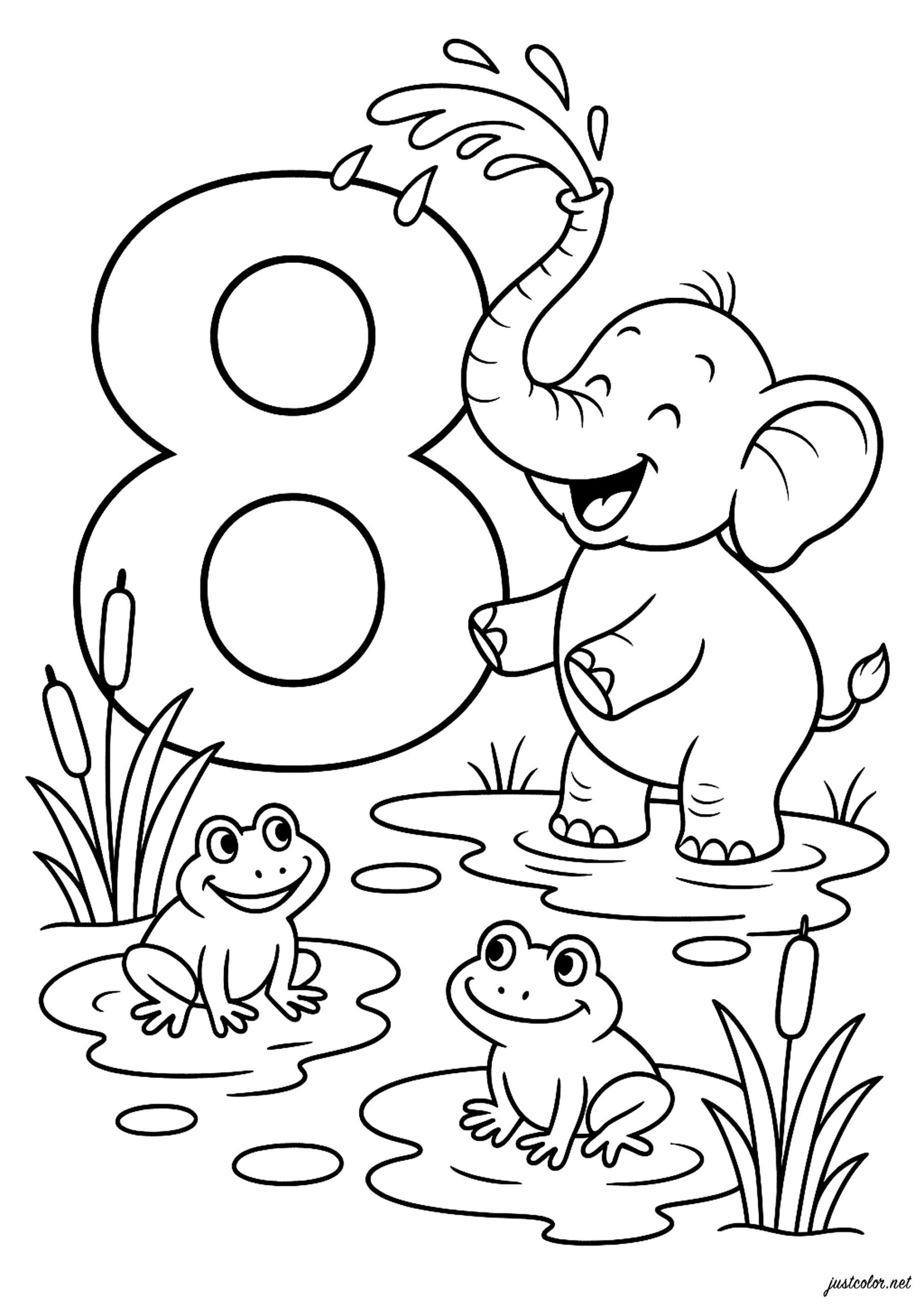 8: Happy Elephant And His Frog Friends - Number Coloring Pages throughout White Elephant Numbers Drawing Printable