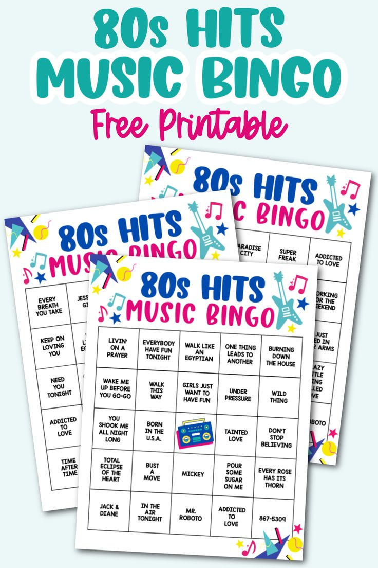 80S Hits Music Bingo Game With Playlist - Kara Creates in Free Music Bingo Cards Printables
