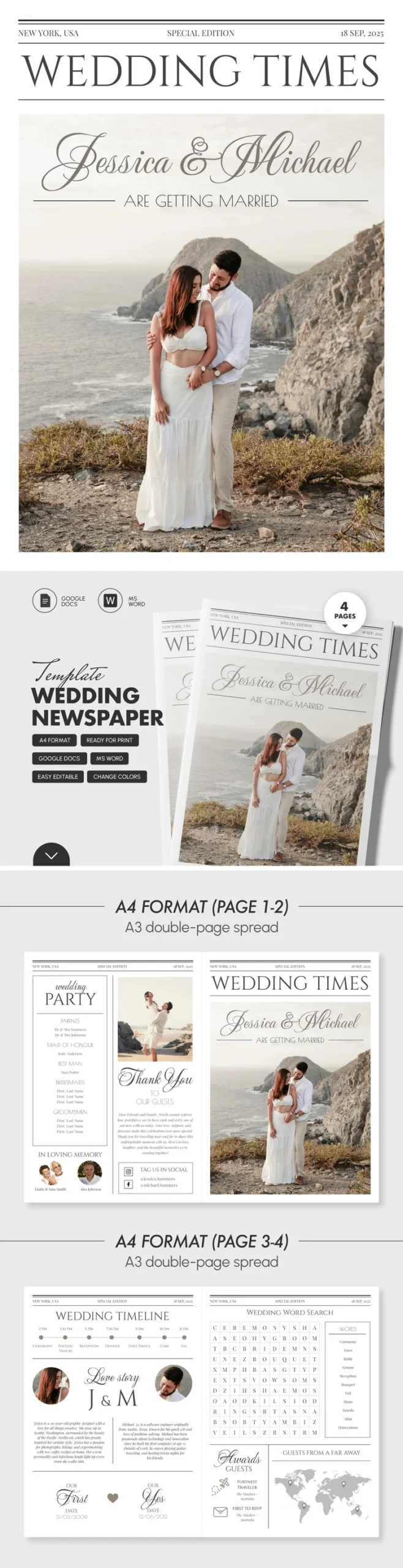 Aesthetic Wedding Newspaper Template For Google Docs And Microsoft with regard to Wedding Newspaper Template Free