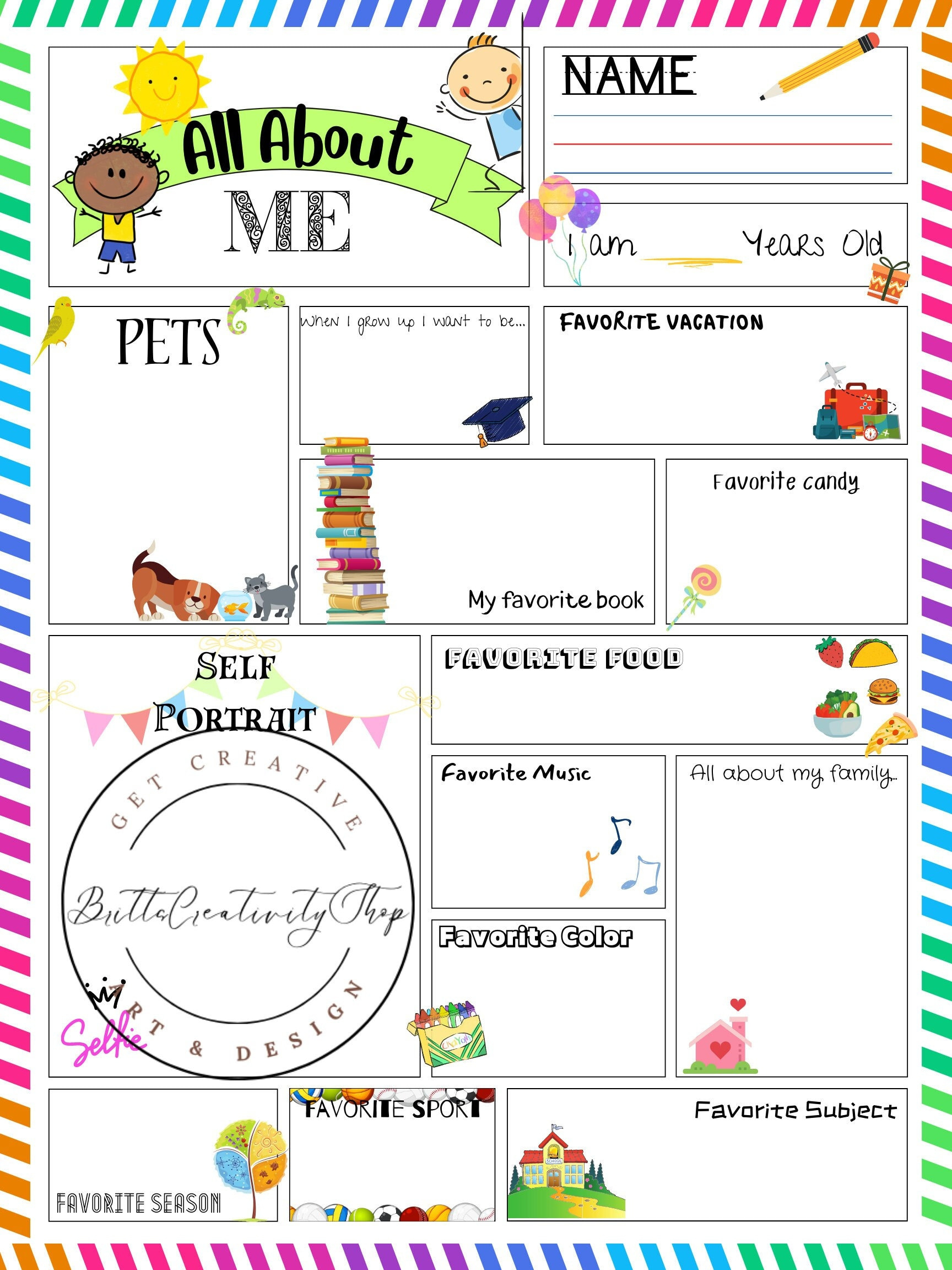 All About Me Poster-Größe Bogen, Printable, Schreibaufforderung for Free Printable All About Me Poster