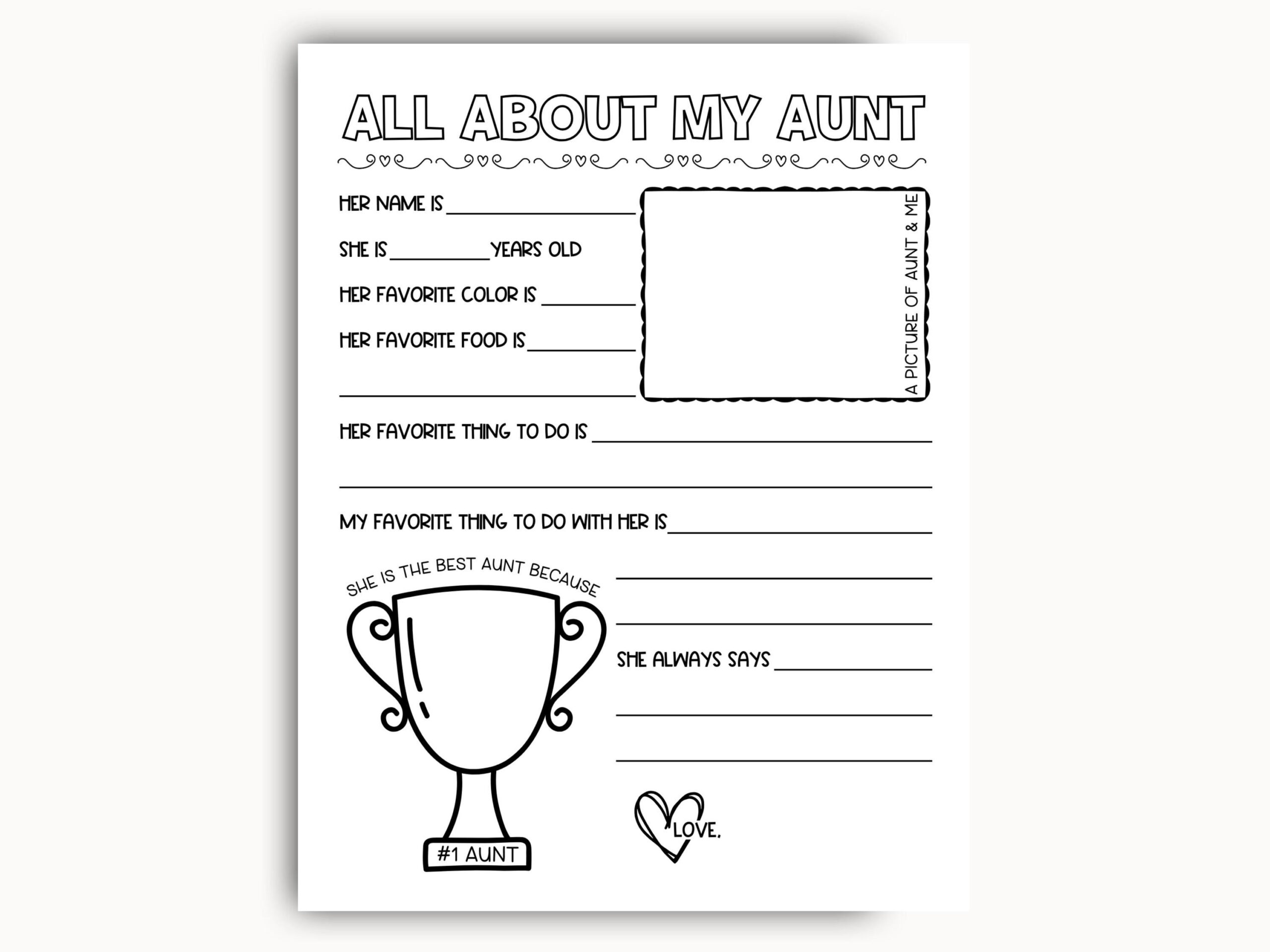 All About My Aunt Printable, Mothers Day Questionnaire, Aunt with regard to All About My Aunt Free Printable