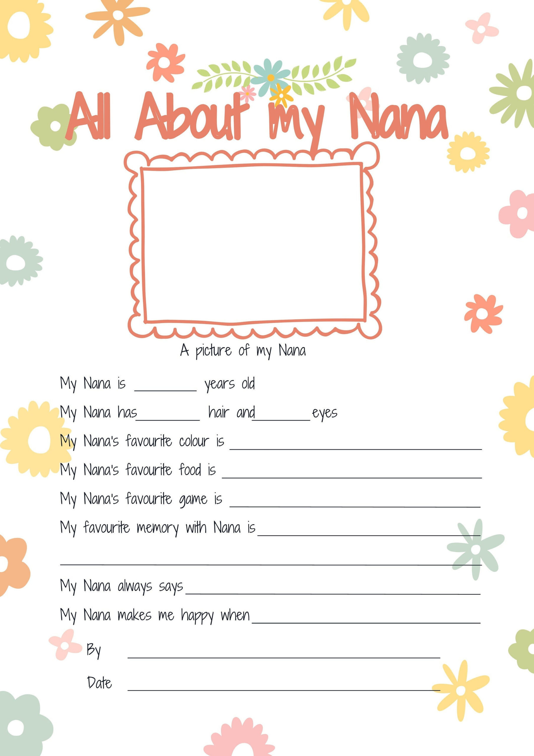 All About My Nana Printable Mothers Day Gift. Reasons I Love My pertaining to All About My Nana Free Printable