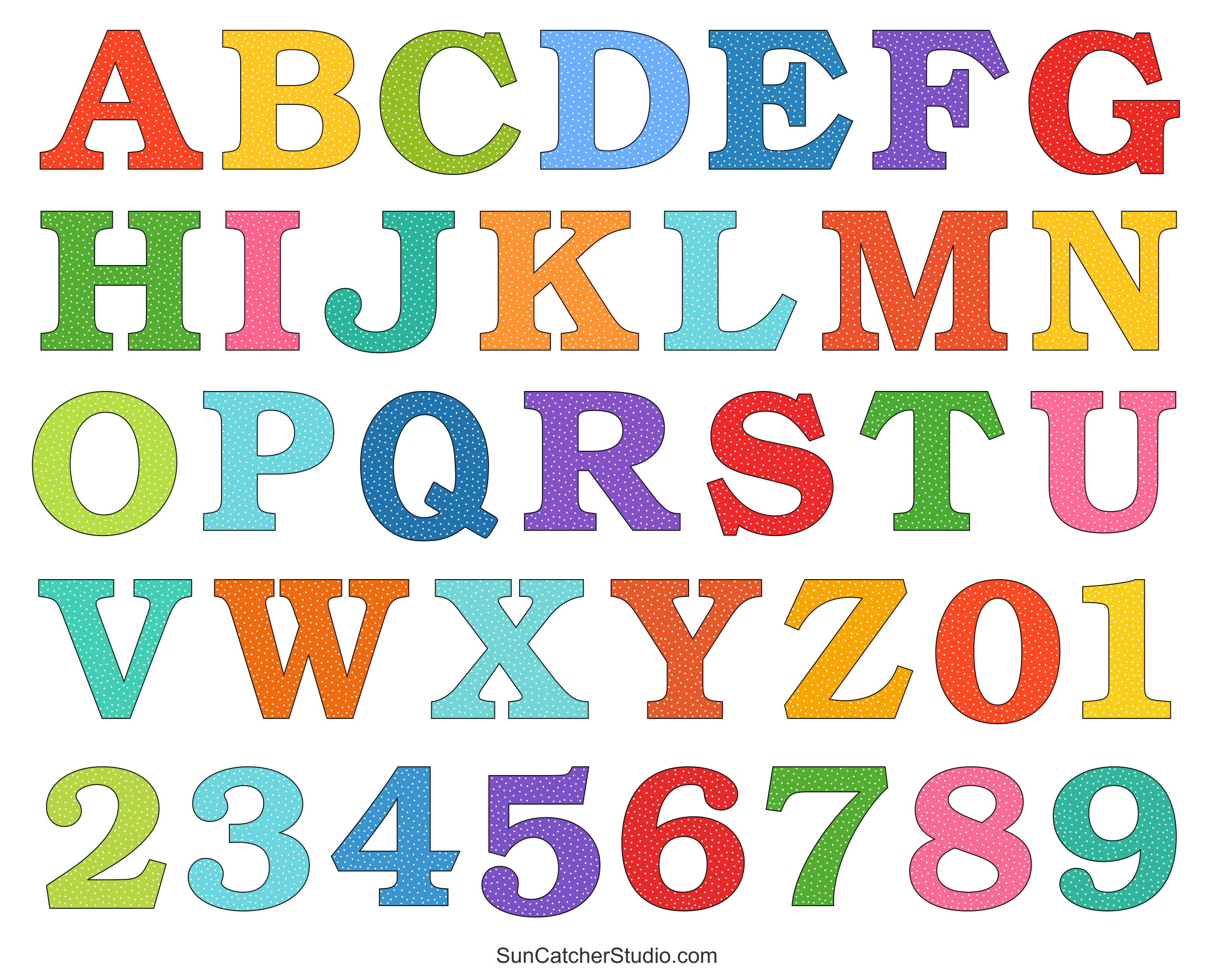Alphabet Letters And Numbers With A Colorful Polka Dot Design inside Large Alphabet Letters Printables Free
