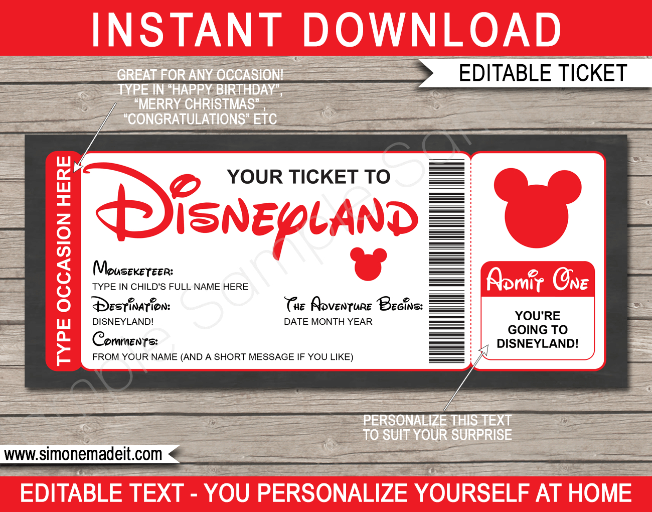 Any Occasion Surprise Trip To Disneyland - Colors for Disney Ticket Free Printable