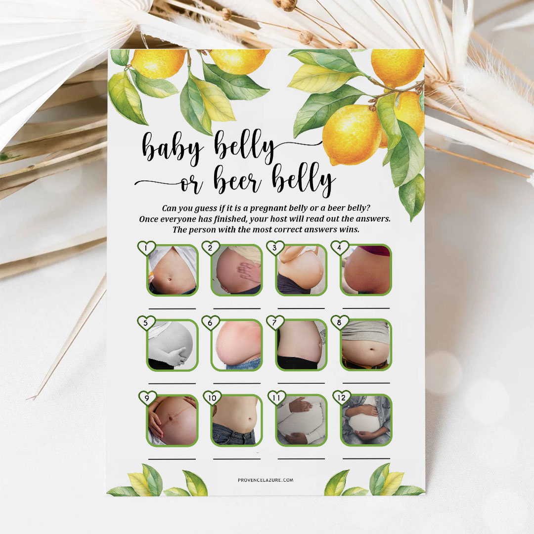 Baby Belly Or Beer Belly Lemon Baby Shower Game - Printable Citrus with Beer Belly Or Pregnant Belly Free Printable With Answers