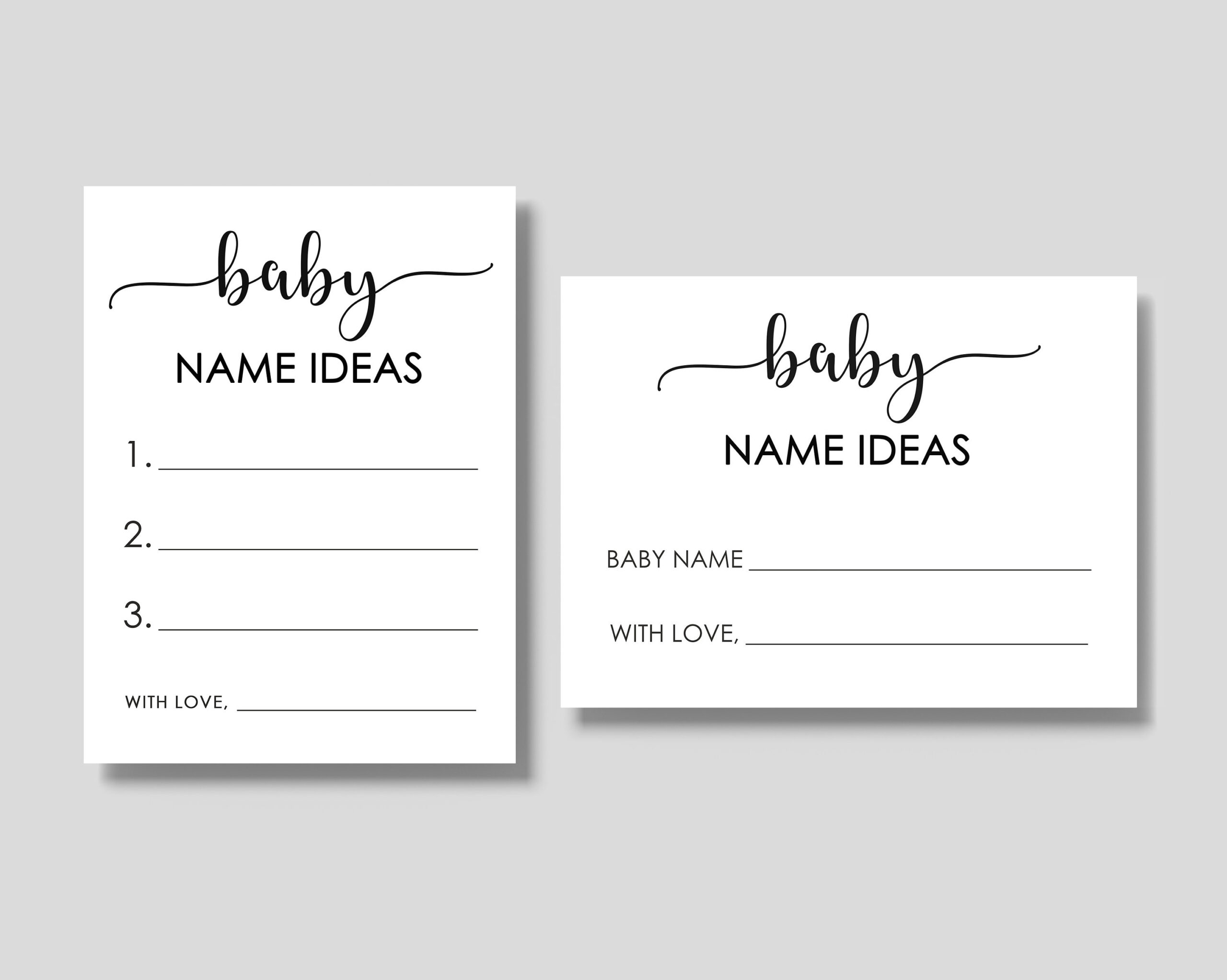 Baby Name Ideas, Minimalist, Baby Shower Game, Sign + Cards, Black within Free Printable Baby Name Suggestion Cards