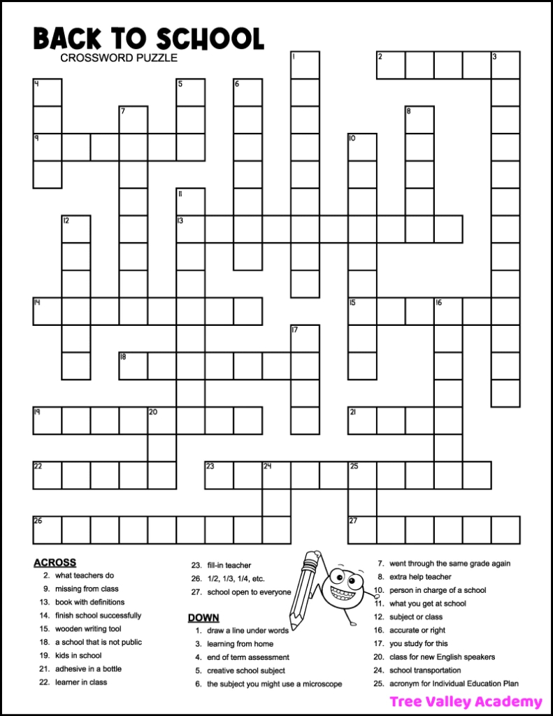 Back To School Crossword Puzzles - Tree Valley Academy inside Free Printable Crossword Maker For Teachers