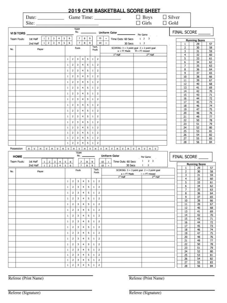 Free Basketball Score Sheets Printable