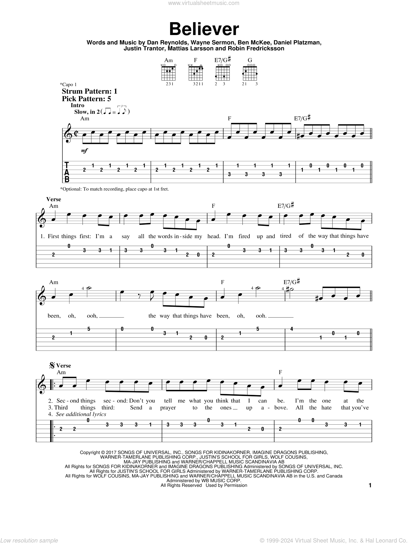 Believer Sheet Music For Guitar Solo (Easy Tablature) (Pdf) pertaining to Beginner Free Guitar Sheet Music For Popular Songs Printable