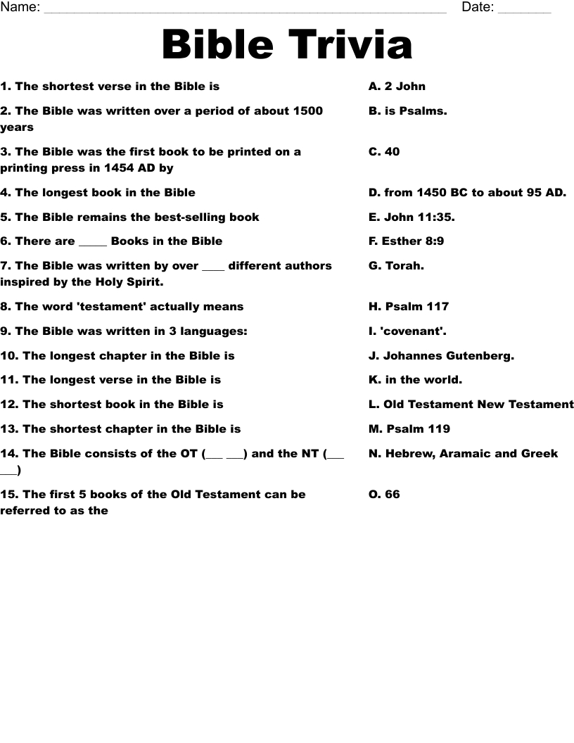Bible Trivia Worksheet - Wordmint pertaining to Free Printable Bible Trivia Questions
