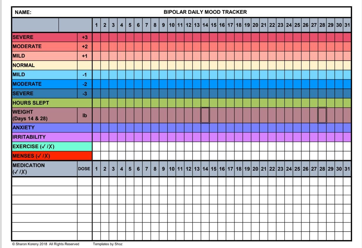 Bipolar Mood Chart - Printable Pdf File - Etsy Uk with regard to Free Printable Bipolar Mood Chart