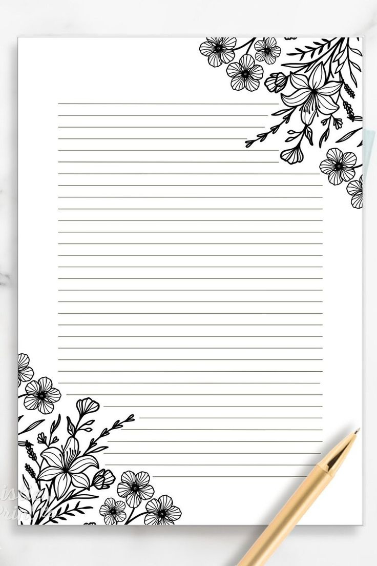 Black And White Floral Lined Paper, Printable Stationery Paper with regard to Free Letter Writing Paper Printable