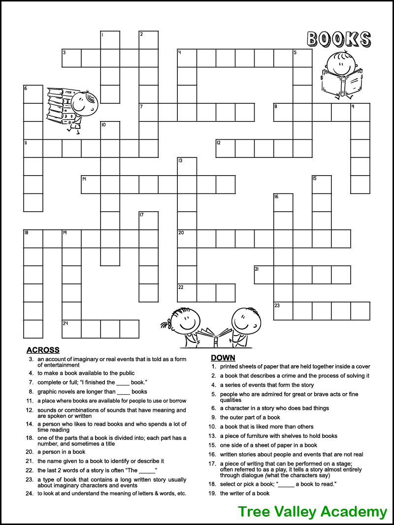 Book Themed Crossword Puzzle For Kids - Tree Valley Academy intended for Free Printable Themed Crosswords