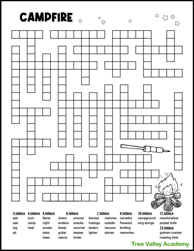 Campfire Camping Word Fill In Puzzle - Tree Valley Academy with Free Printable Word Fill In Puzzles For Adults