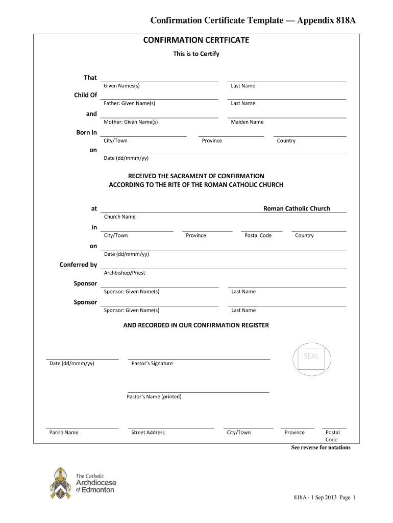 Canada Confirmation Certificate Template Appendix 818A Form - Fill inside Free Confirmation Certificate Template