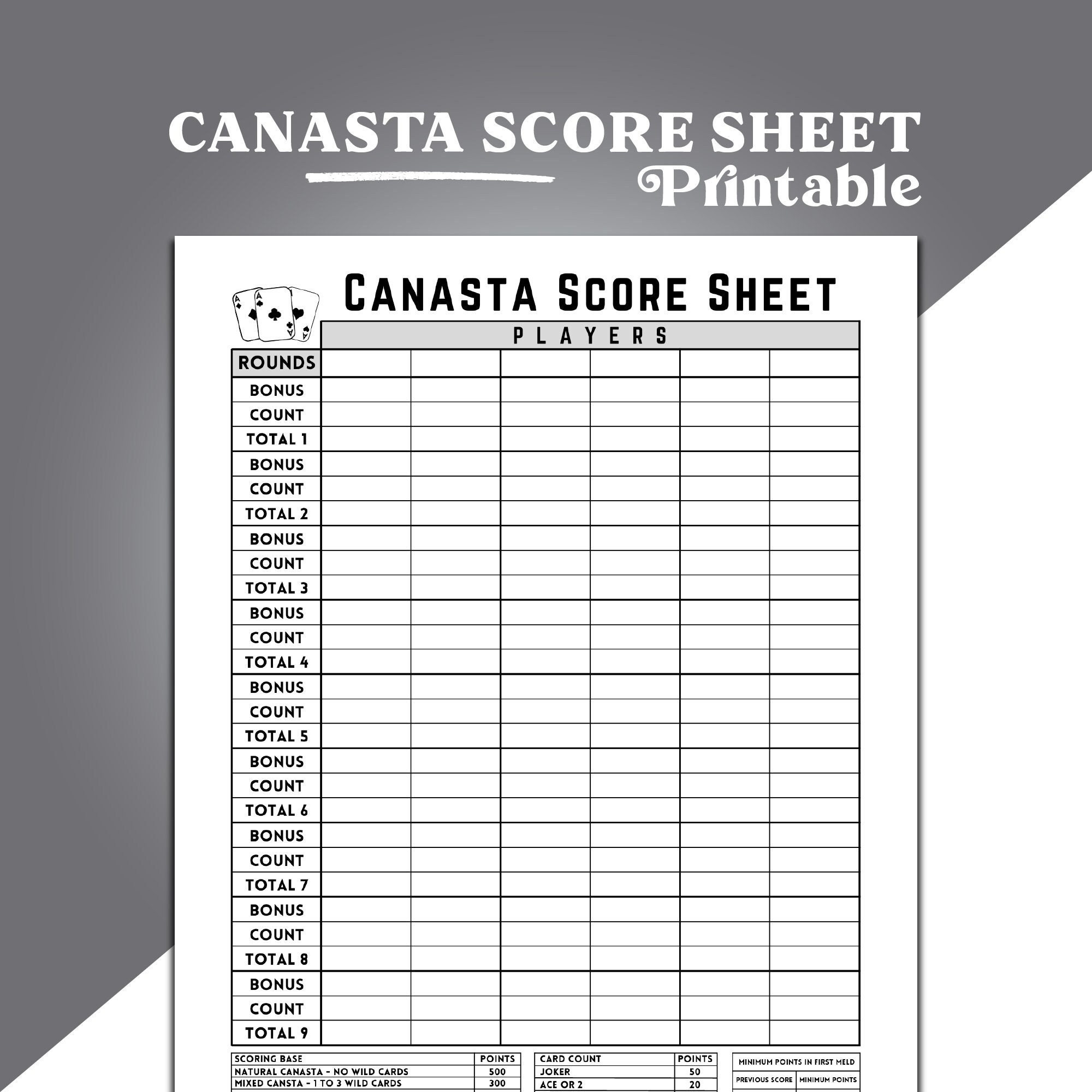 Canasta Score Sheet, Canasta Card Game Score Sheet, Printable pertaining to Free Printable Canasta Score Sheets