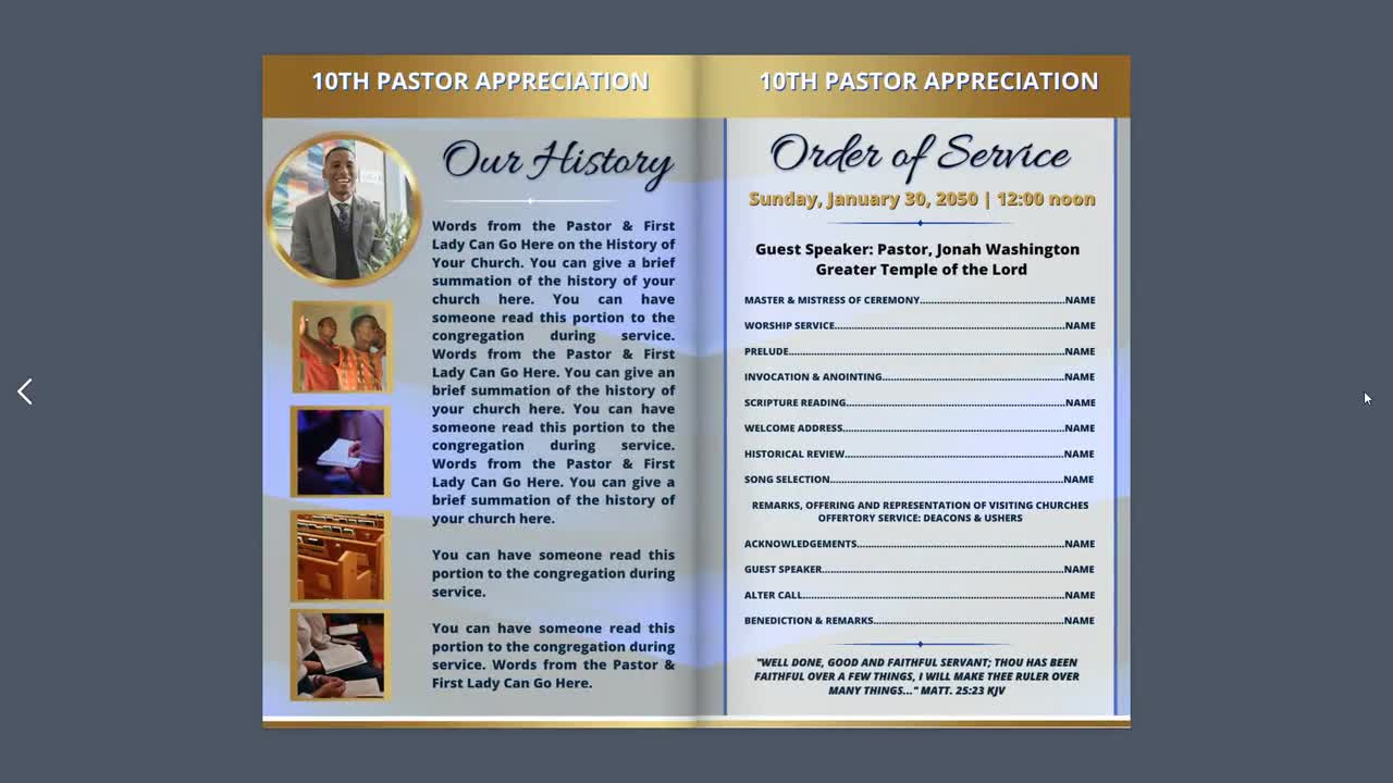 Canva Pastor Appreciation Program | Editable Template | Evening Blue &amp;amp; Gold | Size: 11X8.5 | Bifold | Church Anniversary | 4 Page | Z200 Bl for Pastor Appreciation Program Template Free