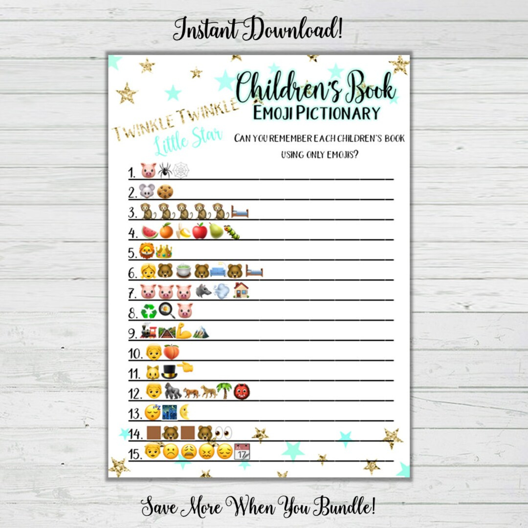 Children&amp;#039;S Book Emoji Pictionary Baby Shower Game - Mint And Gold with regard to Childrens Book Emoji Pictionary Free Printable