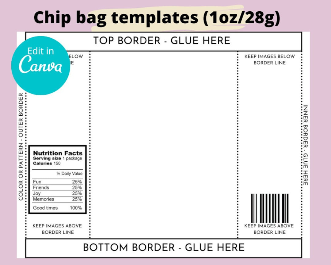 Chip Bag Template,Printable Party Favor,Customizable Bag Wrapper intended for Free Downloadable Chip Bag Template