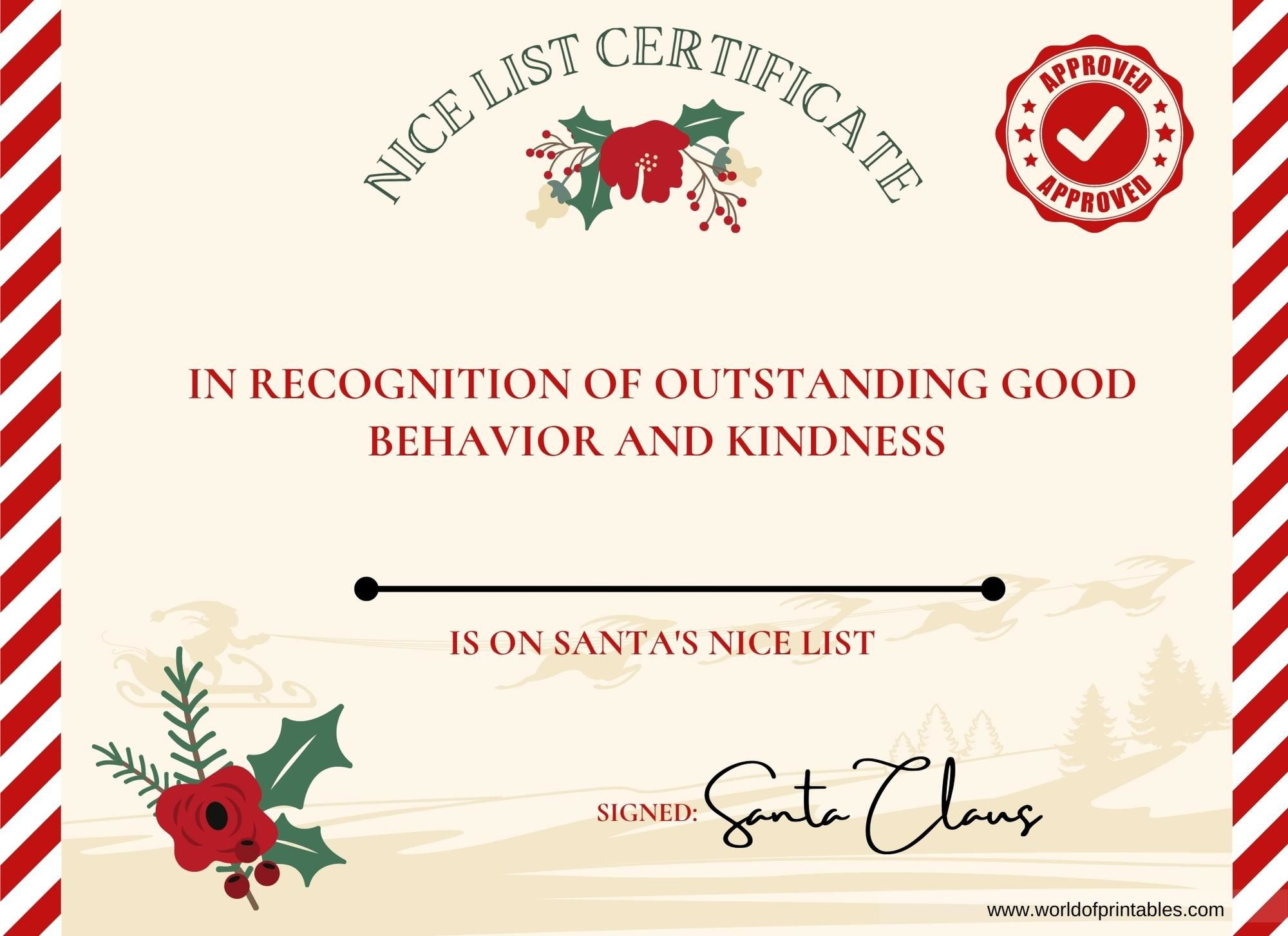 Christmas Nice List Certificate From Santa - Free Printable To in Free Printable Good Behavior Certificates