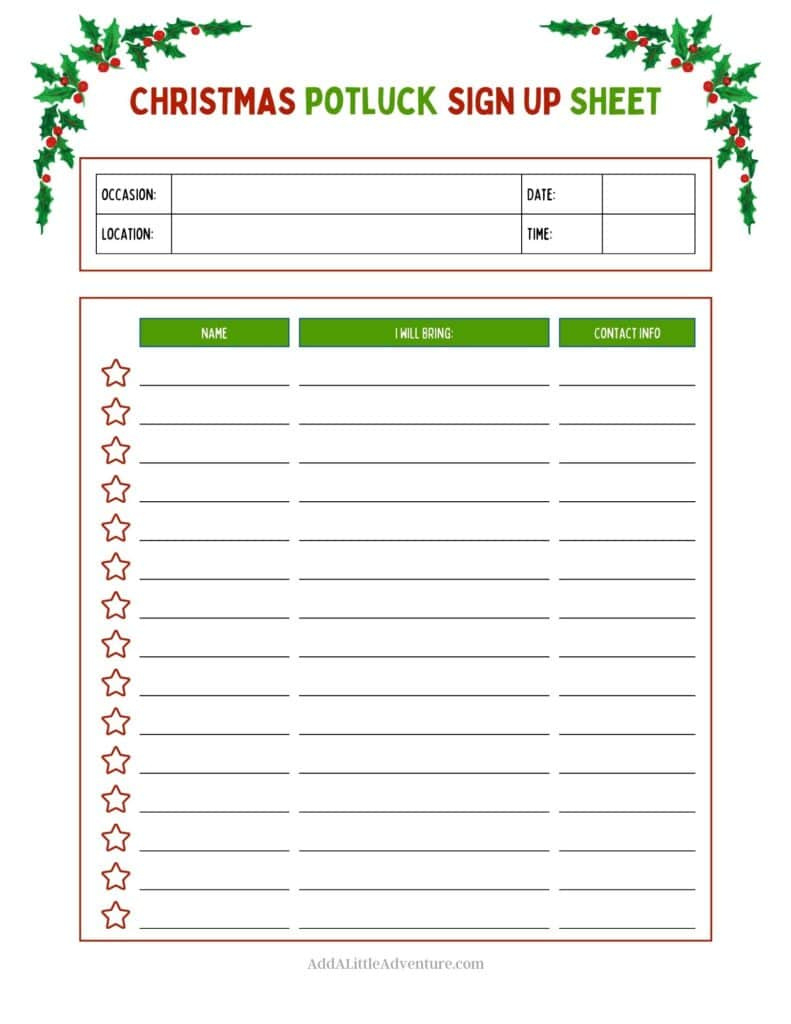 Christmas Potluck Sign-Up Sheets (Free Printables) intended for Free Potluck Template